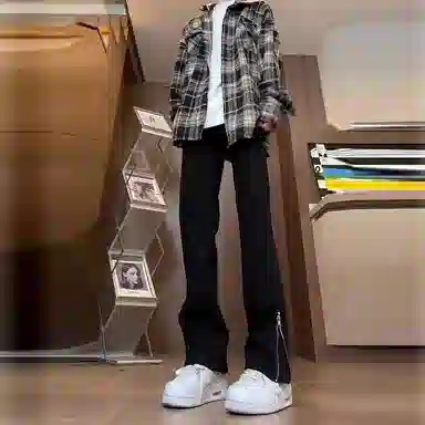 悍戈 美式高街风黑色侧边拉链潮流长裤 简约百搭显瘦显高牛仔裤 男女同款