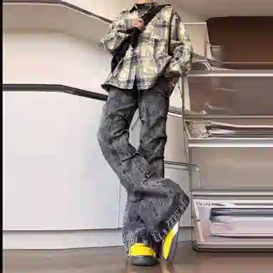 悍戈 美式高街复古风个性独特褶皱垂感百搭休闲裤装牛仔裤 男女同款 黑灰色系
