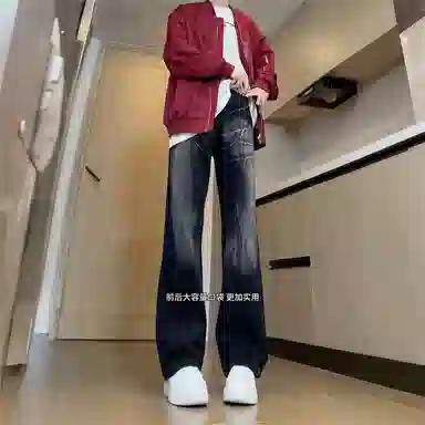悍戈 美式高街复古百搭做旧水洗闪电纹弯刀裤牛仔裤 男女同款