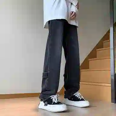 悍戈 美式高街嘻哈风重工水洗做旧拉链纽扣直筒休闲百搭裤子经典牛仔裤 男女同款
