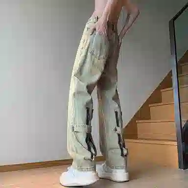 悍戈 美式高街嘻哈风重工水洗做旧拉链纽扣直筒休闲百搭裤子经典牛仔裤 男女同款