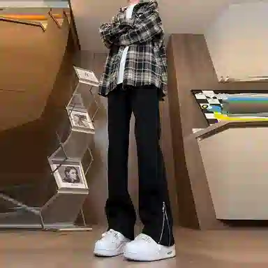悍戈 美式高街风黑色侧边拉链潮流长裤 简约百搭显瘦显高牛仔裤 男女同款