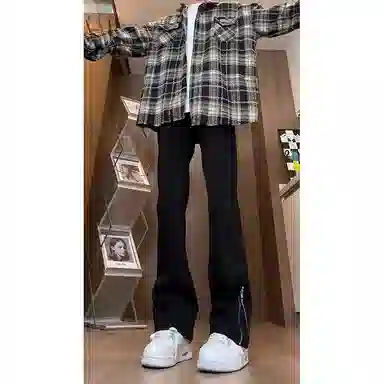 悍戈 美式高街风黑色侧边拉链潮流长裤 简约百搭显瘦显高牛仔裤 男女同款