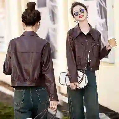 稻草人 时尚复古休闲潮流短款秋外套皮衣 女款