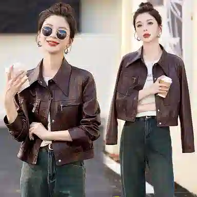 稻草人 时尚复古休闲潮流短款秋外套皮衣 女款