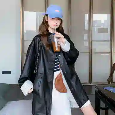 稻草人 复古立领中长款休闲宽松皮衣 女款