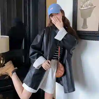 稻草人 复古立领中长款休闲宽松皮衣 女款