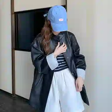 稻草人 复古立领中长款休闲宽松皮衣 女款