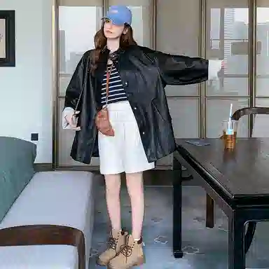 稻草人 复古立领中长款休闲宽松皮衣 女款