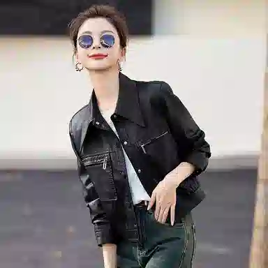 稻草人 时尚复古休闲潮流短款秋外套皮衣 女款