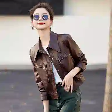 稻草人 时尚复古休闲潮流短款秋外套皮衣 女款