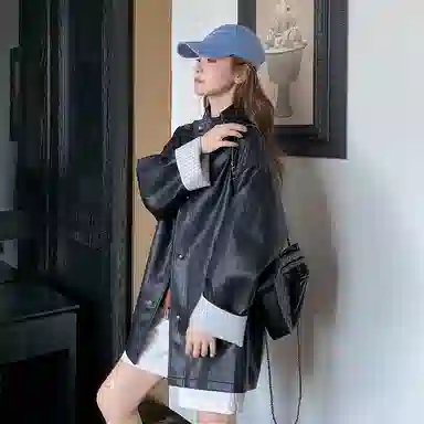 稻草人 复古立领中长款休闲宽松皮衣 女款