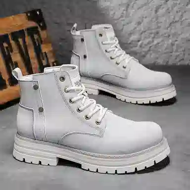 袋鼠头 超纤皮头层猪皮 潮流百搭 防滑软底  英伦风 中筒 马丁靴 男款