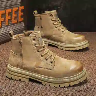 袋鼠头 超纤皮头层猪皮 潮流百搭 防滑软底  英伦风 中筒 马丁靴 男款