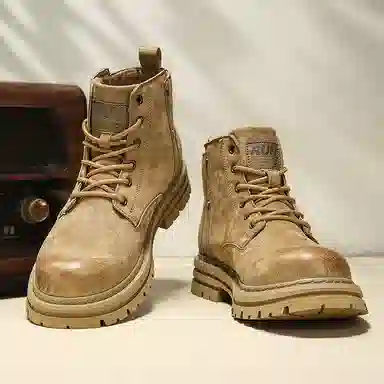 袋鼠头 超纤皮头层猪皮 潮流百搭 防滑软底  英伦风 中筒 马丁靴 男款