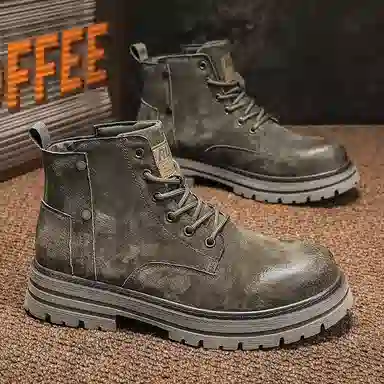 袋鼠头 超纤皮头层猪皮 潮流百搭 防滑软底  英伦风 中筒 马丁靴 男款