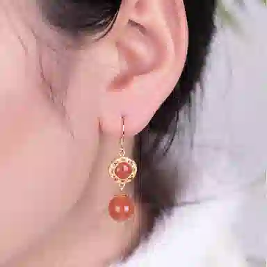 小银匠 中式国风红色复古轻奢高级感 玛瑙 玉石耳环 女款