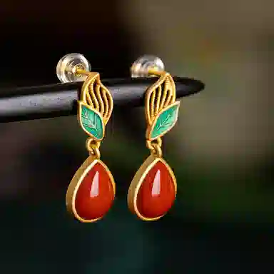 小银匠 叶子水滴新中式复古吉利事业如意天然 玛瑙 耳环 女款