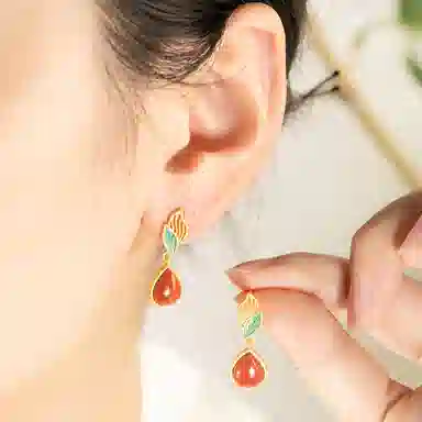 小银匠 叶子水滴新中式复古吉利事业如意天然 玛瑙 耳环 女款