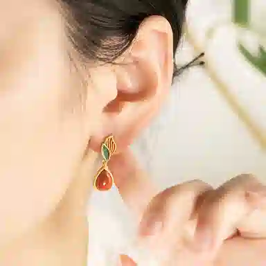 小银匠 叶子水滴新中式复古吉利事业如意天然 玛瑙 耳环 女款