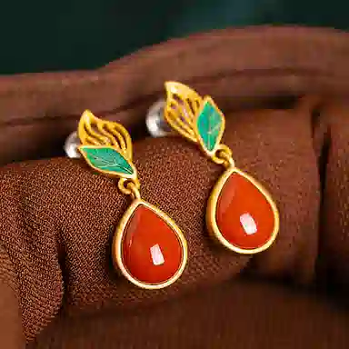 小银匠 叶子水滴新中式复古吉利事业如意天然 玛瑙 耳环 女款