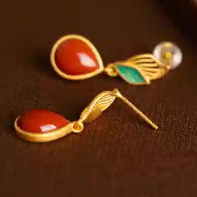 小银匠 叶子水滴新中式复古吉利事业如意天然 玛瑙 耳环 女款