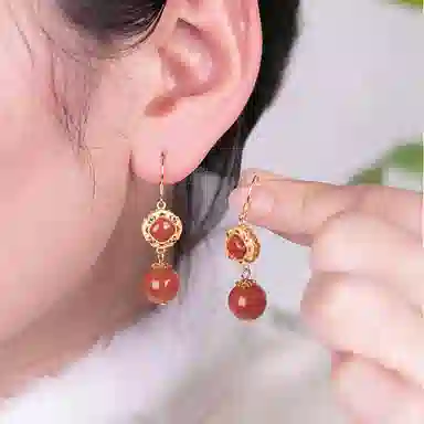 小银匠 中式国风红色复古轻奢高级感 玛瑙 玉石耳环 女款