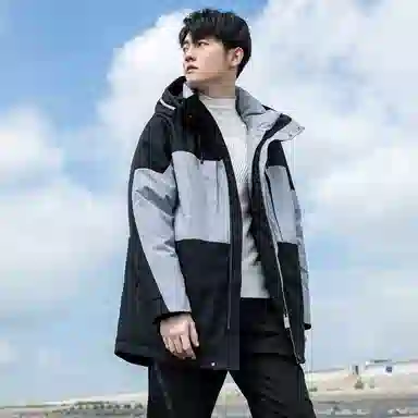 鸭鸭 拼接撞色中长款连帽滴塑标设计休闲宽松工装加厚保暖羽绒服 男款