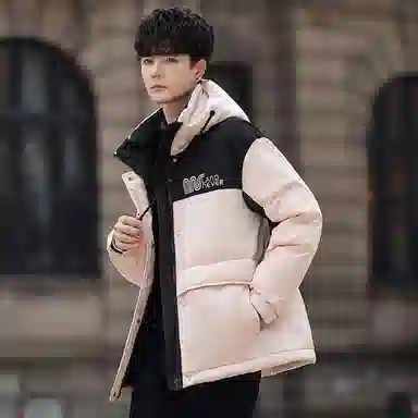 鸭鸭 加厚保暖休闲宽松刺绣字母拼接撞色简约立领连帽羽绒服 男女同款