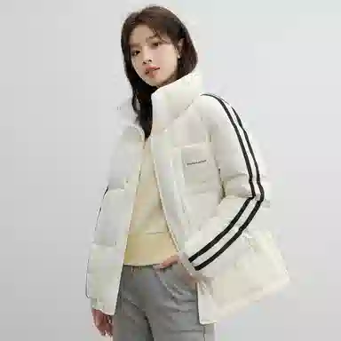 鸭鸭 撞色条纹印花时尚休闲无性别立领羽绒服 男女同款