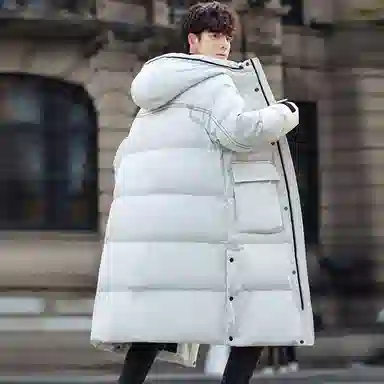 鸭鸭 连帽过膝长款工装大口袋羽绒服 男款