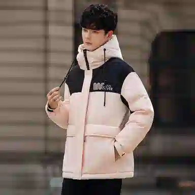 鸭鸭 加厚保暖休闲宽松刺绣字母拼接撞色简约立领连帽羽绒服 男女同款