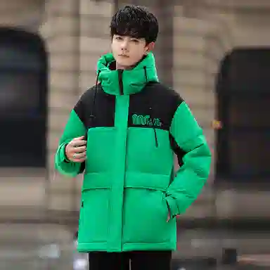 鸭鸭 加厚保暖休闲宽松刺绣字母拼接撞色简约立领连帽羽绒服 男女同款