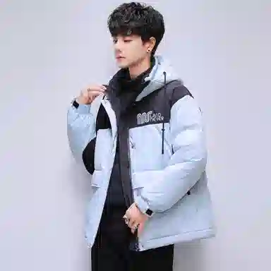 鸭鸭 加厚保暖休闲宽松刺绣字母拼接撞色简约立领连帽羽绒服 男女同款