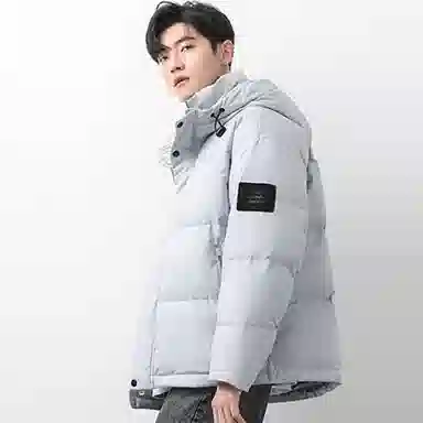 鸭鸭 撞色格子领保暖中长款连帽羽绒服外套 男款