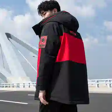 鸭鸭 拼接撞色中长款连帽滴塑标设计休闲宽松工装加厚保暖羽绒服 男款