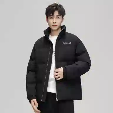 鸭鸭 加厚保暖休闲宽松无性别刺绣字母泡芙面料简约立领暗黑羽绒服外套 男款