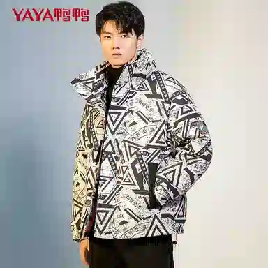 鸭鸭 几何图案印花满印立领滴塑标设计休闲宽松工装运动加厚保暖羽绒服 男款 花米色