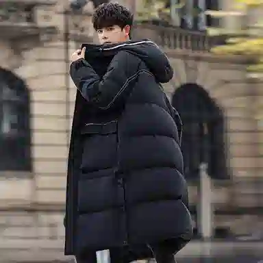 鸭鸭 连帽过膝长款工装大口袋羽绒服 男款