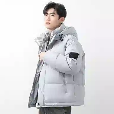 鸭鸭 撞色格子领保暖中长款连帽羽绒服外套 男款