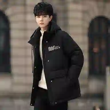 鸭鸭 加厚保暖休闲宽松刺绣字母拼接撞色简约立领连帽羽绒服 男女同款