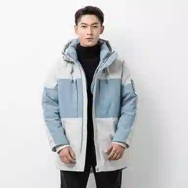 鸭鸭 拼接撞色中长款连帽滴塑标设计休闲宽松工装加厚保暖羽绒服 男款