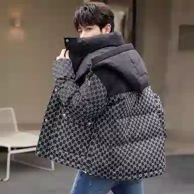 鸭鸭 拼色字母爱心印花连帽拉链羽绒服 男女同款