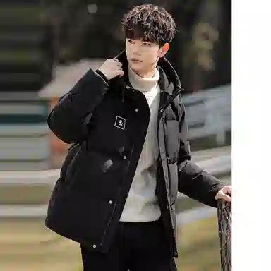 鸭鸭 加厚保暖宽松连帽防风印花字母简约无性别面包服夹克暗黑休闲羽绒服外套 男款