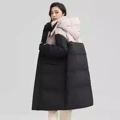 鸭鸭 拼色简约保暖纯色舒适休闲连帽长款外套羽绒服 男女同款