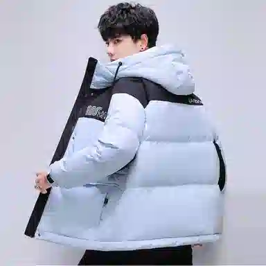 鸭鸭 加厚保暖休闲宽松刺绣字母拼接撞色简约立领连帽羽绒服 男女同款