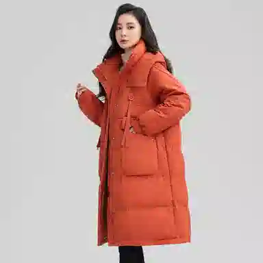 鸭鸭 纯色连帽加厚中长款通勤收腰韩系修身羽绒服 女款