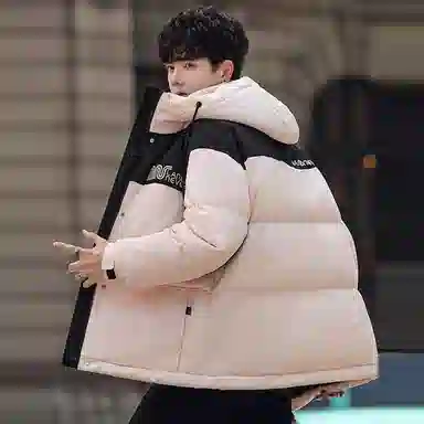 鸭鸭 加厚保暖休闲宽松刺绣字母拼接撞色简约立领连帽羽绒服 男女同款