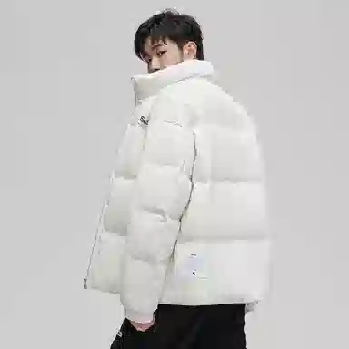 鸭鸭 加厚保暖休闲宽松无性别刺绣字母泡芙面料简约立领暗黑羽绒服外套 男款