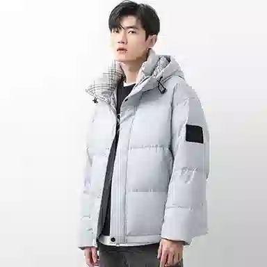 鸭鸭 撞色格子领保暖中长款连帽羽绒服外套 男款